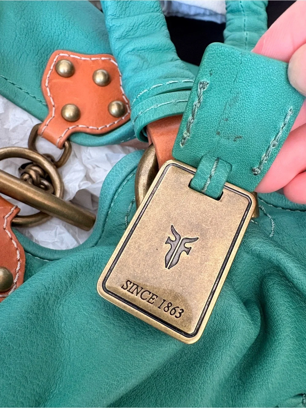RARE Y2K Frye Turquoise Leather Ruched-Handle Shoulder Bag with Brass Hardware